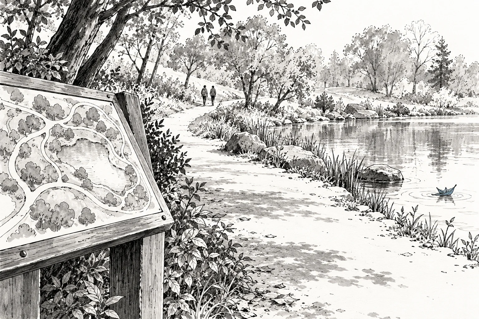 Un plano del parque junto a un sendero, dos caminantes y un barquito en el estanque