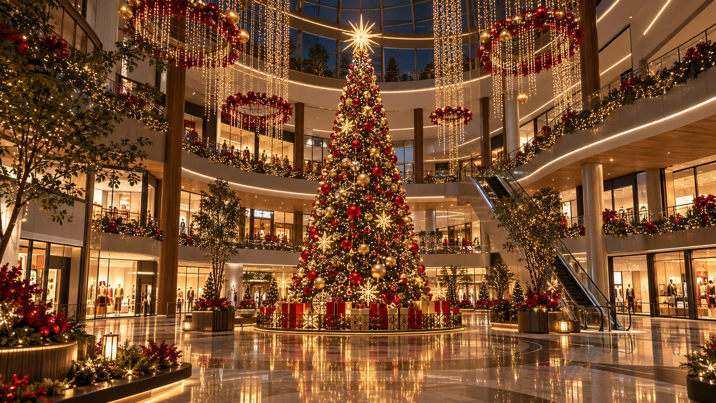 Render conceptual ficticio de un centro comercial iluminado para Navidad