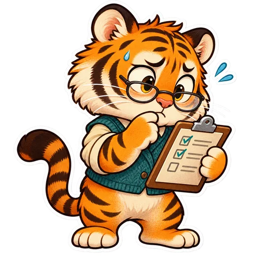Sticker de un tigre preocupado revisando una lista de riesgos